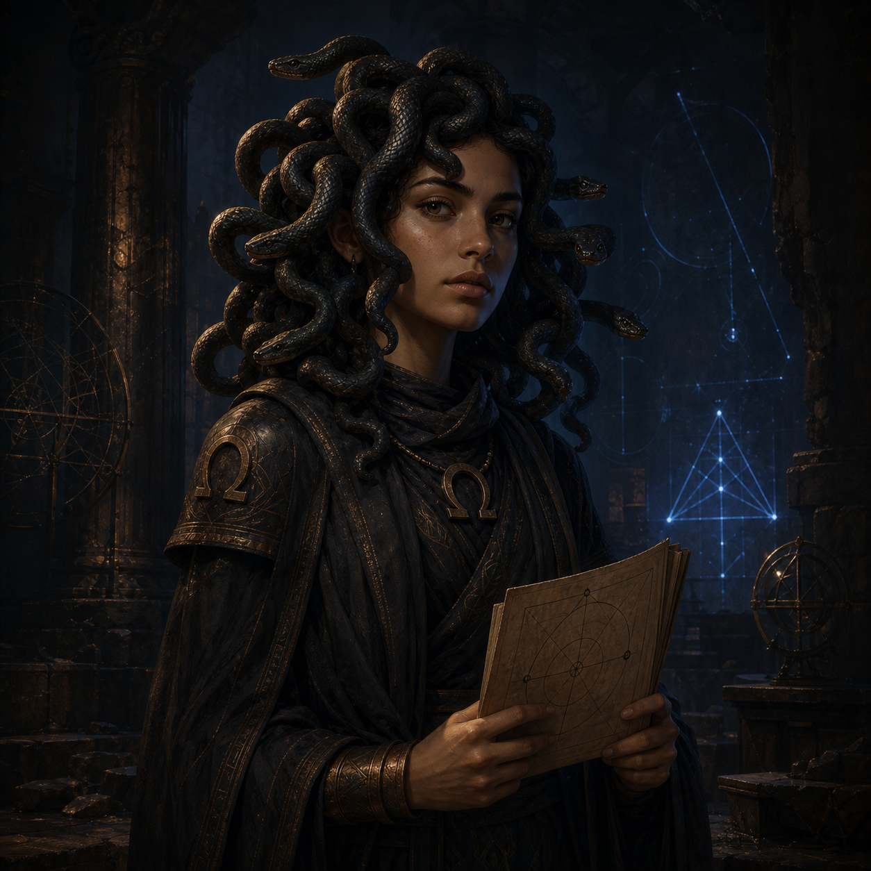 Lola, a jovem Medusa, em uma câmara de pesquisa com manuscrito geométrico